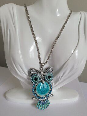 Vintage Boho Blue Turquoise Beaded Mosaic Figural Owl Pendant Silver Necklace
